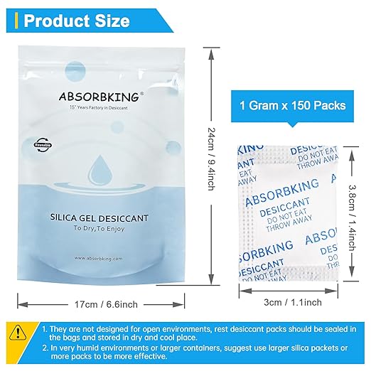 Desiccant Packs, 1 Gram 150 Packs Silica Gel Packets, Premium Color Indicating Moisture Absorbers for Food, Seeds, Jewelry, Electronics Storage