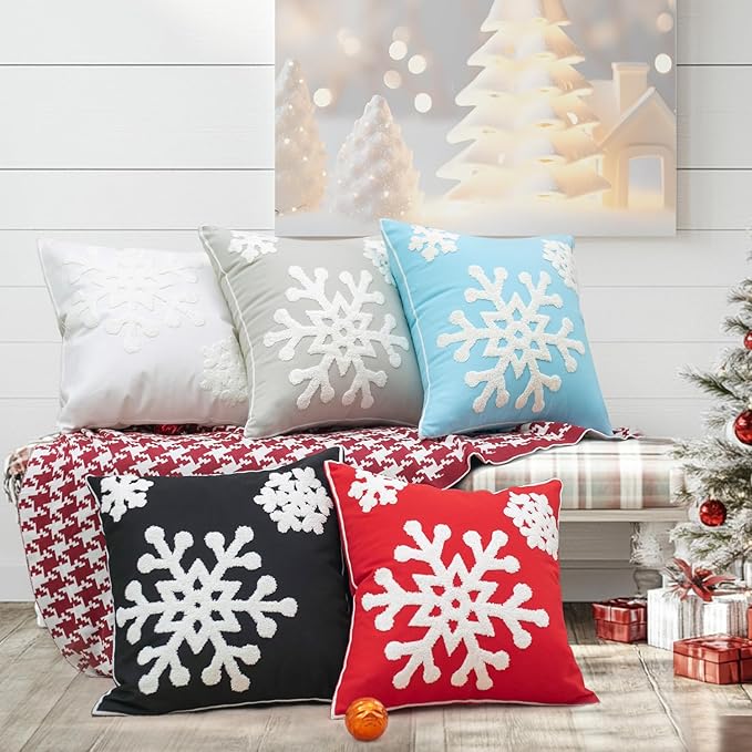 Elife Soft Square Christmas Snowflake Home Decorative Canvas Cotton Embroidery Throw Pillow Covers 18x18 Cushion Covers Pillowcases for Sofa Bed Chair (1 Pair, Red)