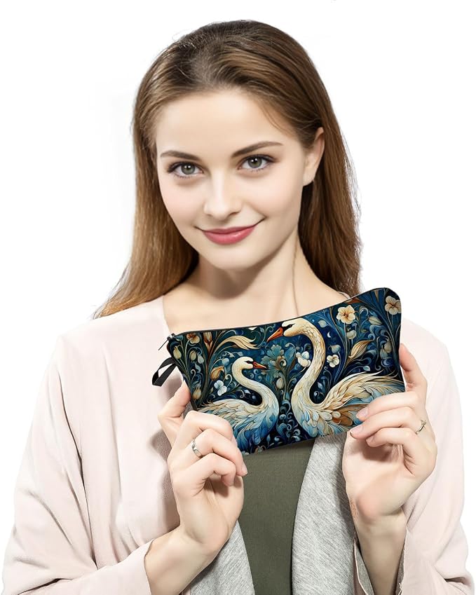 Swan & Floral Print Cosmetic Bag Nature Gift for Birthdays & Holidays Zippered Garden Organizer Travel Makeup Bag