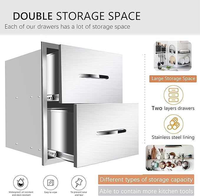 Outdoor Kitchen Drawers Stainless Steel 14W X 15H X 23D Inch, Flush Mount Double BBQ Island Drawers with Handle for Outdoor Kitchens, Patio or Grill Station