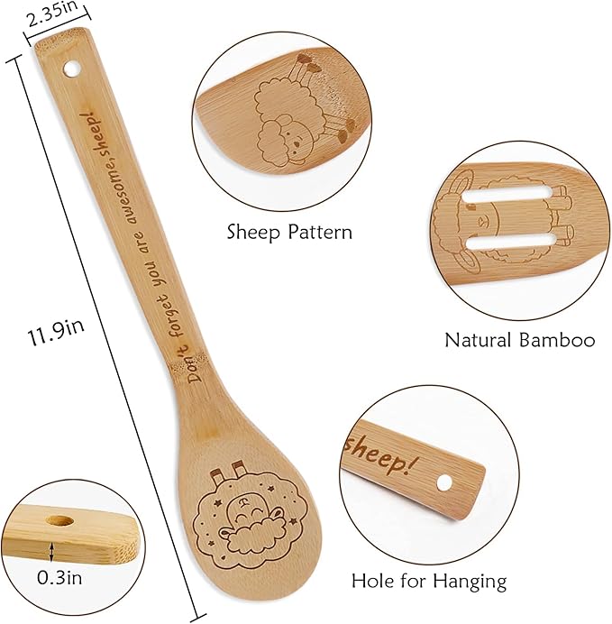 5PCS Sheep Wooden Cooking Spoons Kitchen Decor Sheep Gifts for Women Men Sheep Lovers Birthday Gifts Party Favors Housewarming Wedding Bamboo Cooking Spoons for Everyday Use