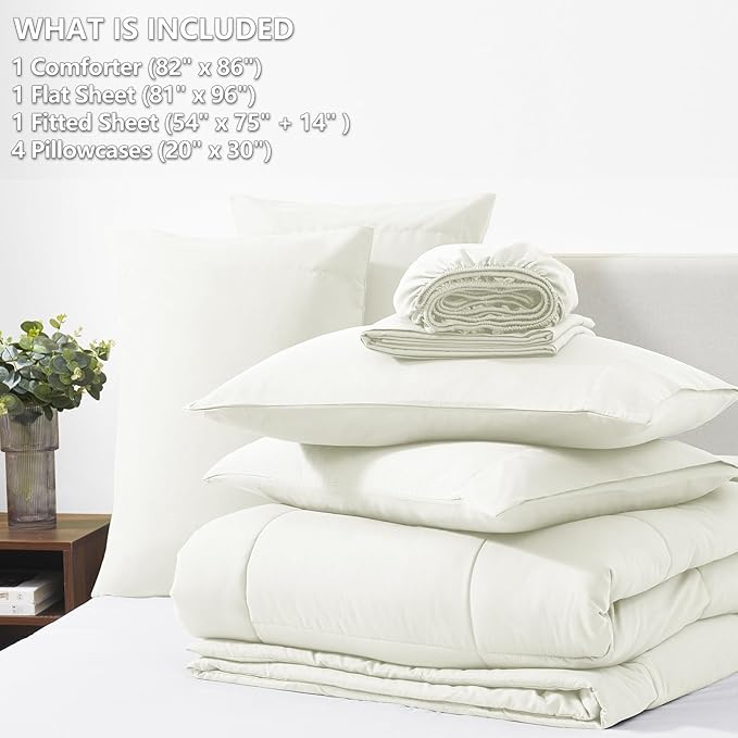 CozyLux Full Size Comforter Set Ivory - 7 Pieces Bed in a Bag, Cream Off White Comforter Full Size, Bedding Sets with All Season Quilted Comforter, Flat Sheet, Fitted Sheet, Pillowcases