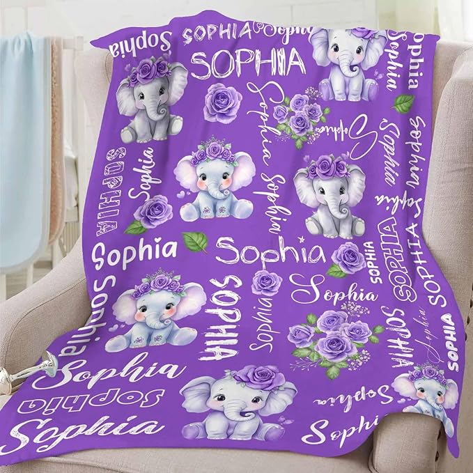 D-Story Ship Next Day, Personalized Baby Blanket, Custom Baby Blanket with Name for Girls and Boys, Elephant Blankets, Personalized Baby Gifts