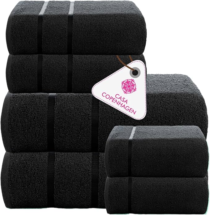 CASA COPENHAGEN Eternal 6 Pieces Towel Set- Dark Black, 500 GSM 2 Bath Towel 2 Hand Towel 2 Washcloth, Designed in Denmark Made of Soft Egyptian Cotton for Bathroom, Kitchen & Shower