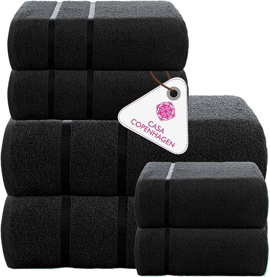 CASA COPENHAGEN Eternal 6 Pieces Towel Set- Dark Black, 500 GSM 2 Bath Towel 2 Hand Towel 2 Washcloth, Designed in Denmark Made of Soft Egyptian Cotton for Bathroom, Kitchen & Shower