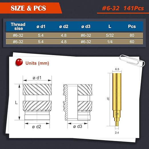 141Pcs #6-32 Threaded Inserts, Female Thread SAE Knurled Nuts Assortment Kit, Brass Heat Set Insert for Plastic and 3D Printing Components(#6-32, L5/32×D5.4 and L1/4×D5.4)