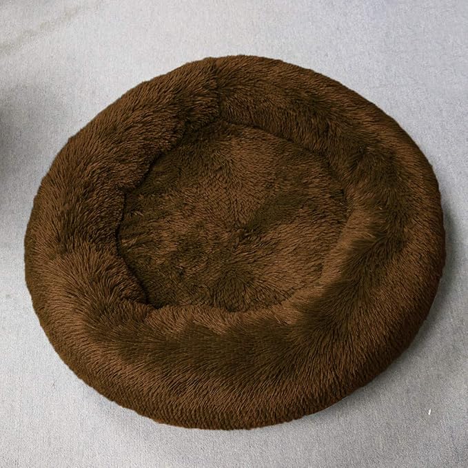 Plush Calming Donut Dog Bed for Small to Medium Dogs, 28 Inch Round Pet Bed | Soft Faux Fur Puppy Bed with Raised Rim for Curling and Head Support; Washable Round Pet Bed for Small to Medium Dogs or Cats