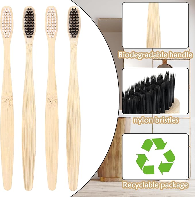 Vesici 100 Pcs Bamboo Toothbrushes Bulk Soft Bristles Toothbrushes with Micro Fur Ultra Wooden Bamboo Teeth Brushes Manual for Adults Travel Family Hotel Use Individually Packaged (Black,White)