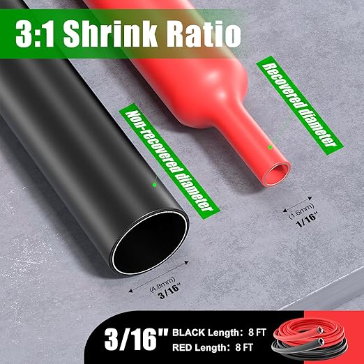 ELECFUN 3/16 Inch 16Ft Waterproof Heat Shrink Tubing Roll, 3:1 Marine Grade Adhesive Lined Heat Shrink Tube, Dual Wall Sealing Oil-Proof Wear-Resistant Wire Cable Wrap (8ft Black & 8ft Red)