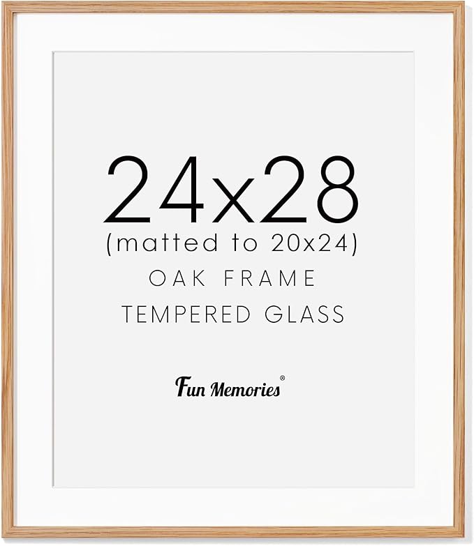 24x28 Picture Frame, Solid Oak Wood Frames 24 by 28, Rustic Wood Poster Frame 24"x28", 24x28 Frame with Mat for 20x24, 24 x 28 Frame with Tempered Real Glass (Natural Oak Color, 1 Pack)