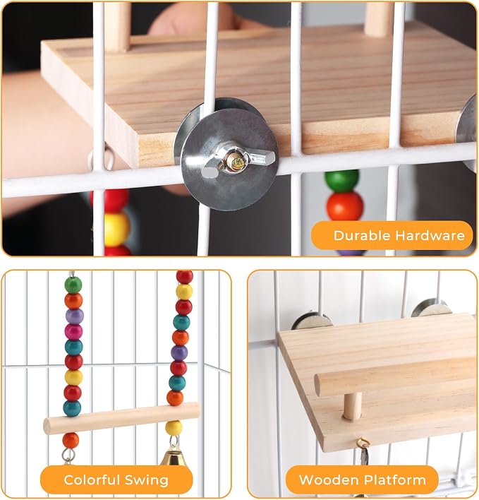 Natural Wood Bird Swing & Perch Platform for Cage | Fits Small Parrots (Budgies, Cockatiels) | Multi-Level Habitat Gym for Swaying & Hopping | Tool-Free Mount