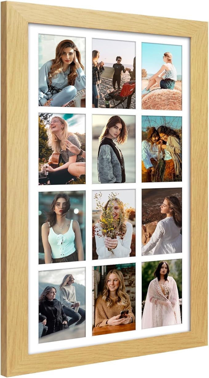 13x25 Picture Frame Display 12 opening 4X6 Picture Frame Collage,Multi Photo Frame with Mat,Plexiglass,Wall Mount Decor,Natural Wood Grain