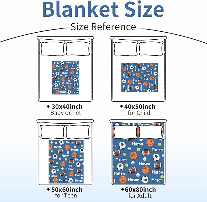 Personalized Ball Blanket with NameforBoysCustom Name BlanketforKids BallSoft Flannel Ball Toddler Blanket CustomizedGiftforBirthday Christmas Baby Shower Newborn Gift 60in X 80in 6-balls-blue