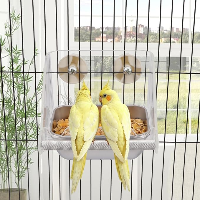Hypeety Transparent No Mess Bird Feeder for Cage with Anti-Slip Perch | Clear acrylic cage feeder, stainless steel food bowl, easy to install, fits most cages, for parrots/cockatiels/conures/quaker