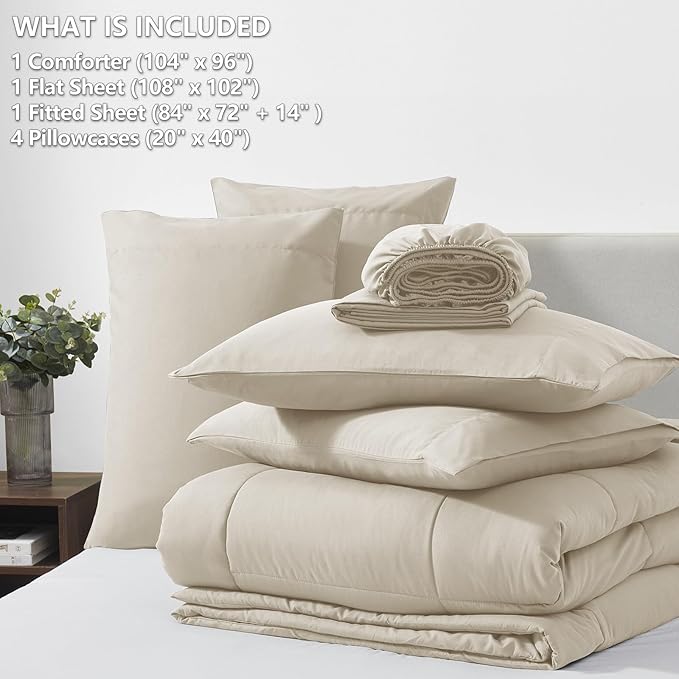 CozyLux California King Comforter Sets Oatmeal, 7 Pieces Cal King Bed in a Bag, All Season Bedding Sets with Stitch Quilted Comforter, Flat Sheet, Fitted Sheet, Pillowcases