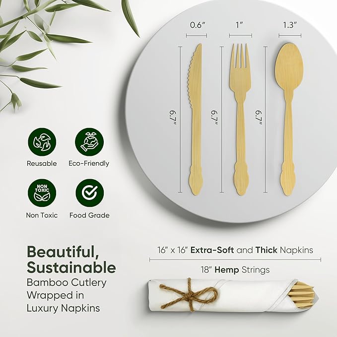 Luxury Pre-Rolled Napkin and Bamboo Cutlery Set (30 Pack, 120 PCS) 100% Biodegradable, Eco-Friendly, Disposable Wrapped Cutlery - Includes Pre-Wrapped Bamboo Forks, Knives, Spoons, & Napkins