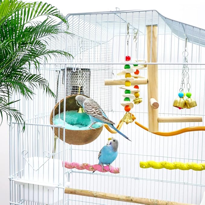 2 Pack Natural Coconut Shell Bird Nest with Pads for Small Parrots | Bird cage house, parakeet nesting box practical bird bed cage accessory resting and breeding shelter for small medium birds