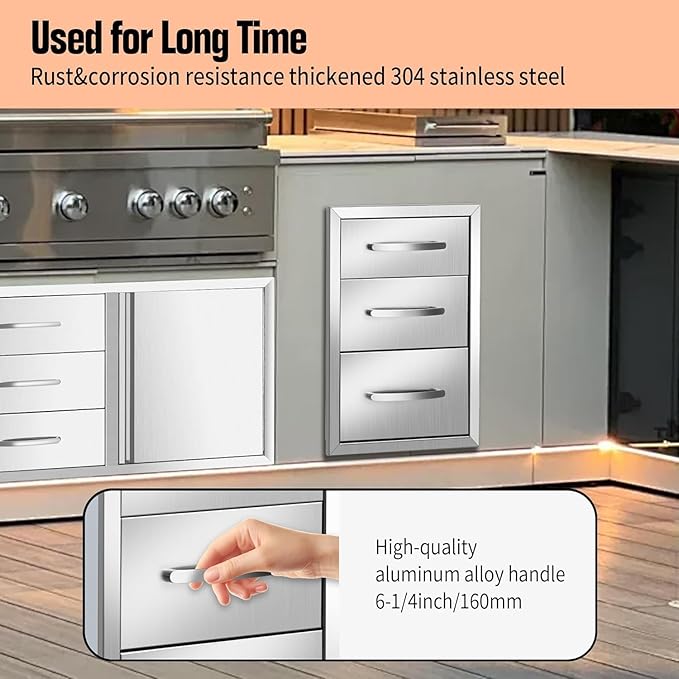 Outdoor Kitchen Drawers Stainless Steel 14W x 20.3H x 23D Inch, Flush Mount Triple BBQ Island Drawers with Handle for Outdoor Kitchens, Patio or Grill Station