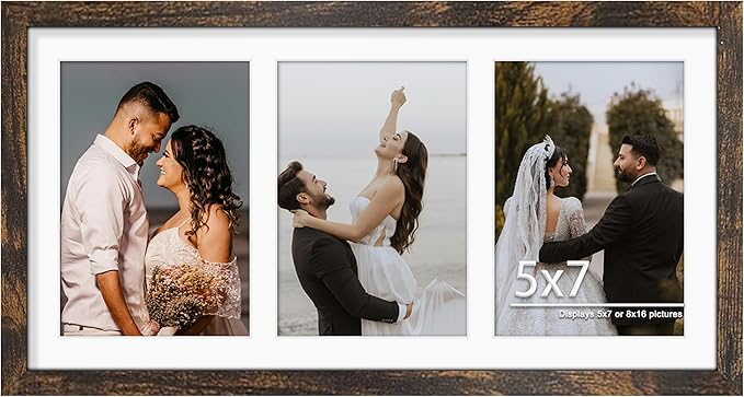 8x16 Collage Picture Frame, 5x7 Collage Picture Frame Displays Three 5x7 inch Photos, or 8x16 (Without Mat) for Available Horizontal Wall Mounting Display and Vertical, Brown.