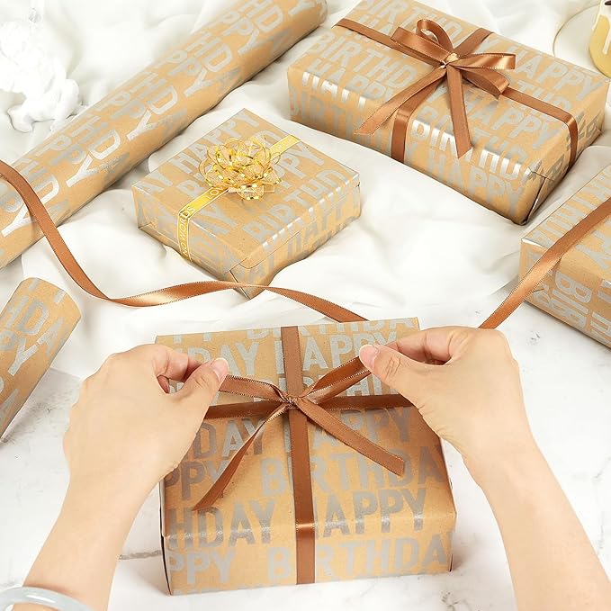 MAMUNU Birthday Wrapping Paper Roll, Silver and Brown Kraft Happy Birthday Wrapping Paper Jumbo Roll for Boys Girls Women Men, 17x590 inch (70 sq. ft.)