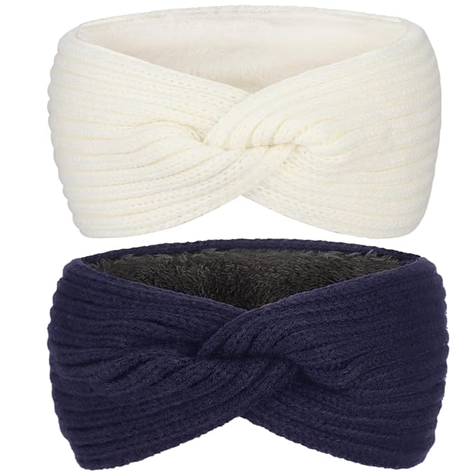 AQOKKA Knit Winter Headbands for Women Fuzzy Wool Fleece Lined Ear Warmers Elastic Turban Crocheted Head Wrap Winter Accessories for Women Cold Weather