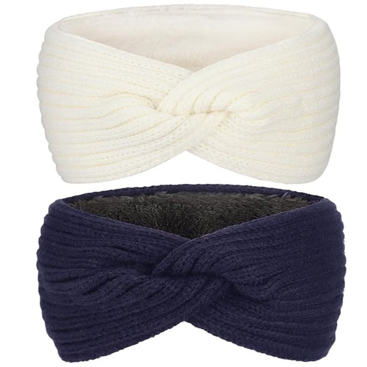 AQOKKA Knit Winter Headbands for Women Fuzzy Wool Fleece Lined Ear Warmers Elastic Turban Crocheted Head Wrap Winter Accessories for Women Cold Weather