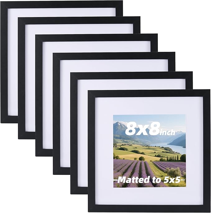 6 Pcs 8x8 Black Picture Frame - Display Pictures 5x5 with Mat or 8 x 8 without Mat - Black Wood Picture Frames for Wall Mounting - Wooden Photo Frame for 8 8 Matted to 5x5 Print Set of 6
