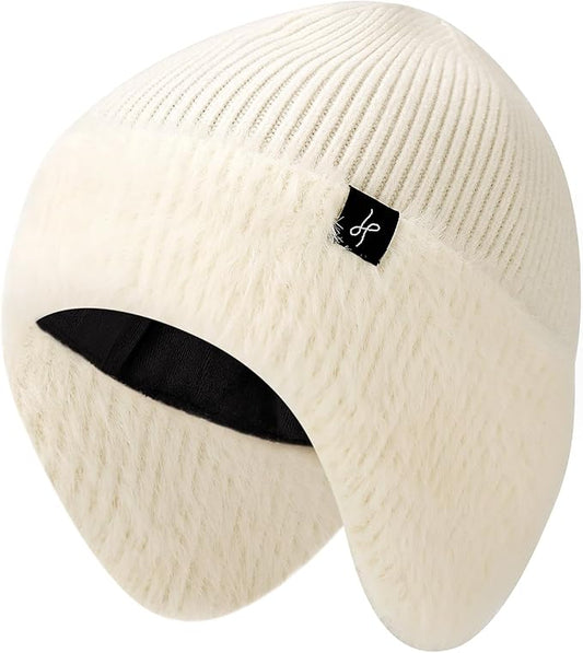 Winter Fleece-Lined Beanie with Earflaps, Warm Windproof Unisex Beanie Hat for Skiing, Hiking & Outdoor Winter Sports