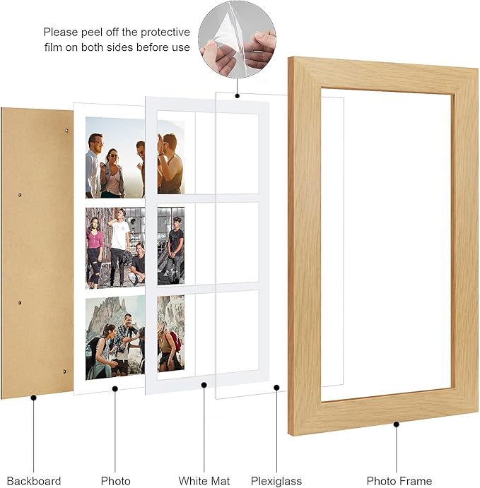 8x16 Picture Frame Display 3 opening Picture Frame 5x7 Collage,Multi Photo Frame with Mat,Plexiglass,Horizontal and Vertical Formats for Wall Decor,Natural Wood Grain