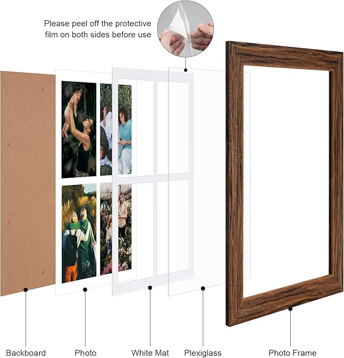 11x15 Picture Frame Display 4 opening 5x7 Picture Frame Collage,Multi Photo Frame with Mat,Plexiglass,Horizontal and Vertical Formats for Wall Decor,Carbonized Brown Wood Grain