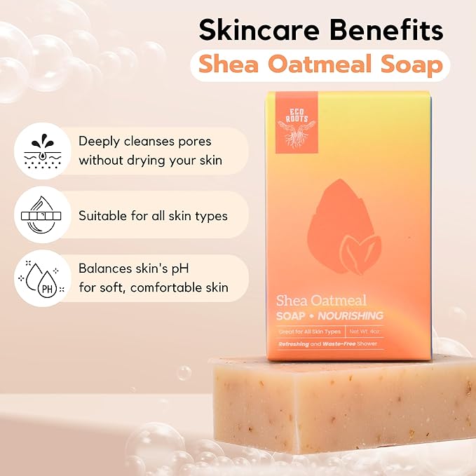 ECO ROOTS 3 Pack Natural Oatmeal Soap Bar – Face & Body Cleansing Bar with Shea Butter & Coconut Oil – Gentle Daily Moisturizing Bars of Soap