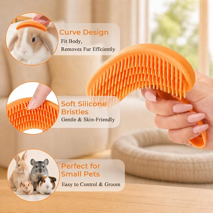Large Silicone Grooming Brush for Rabbits, Cats & Small Dogs | Rabbit, Cat & Dog Fit | Soft Low-Stimulation Brush | Curved Pet Fit | Daily Bonding | Rinse-Clean Head