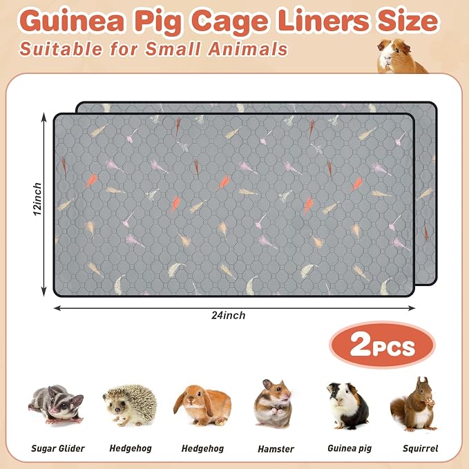 2Pcs Guinea Pig Cage Liners,Guinea Pig Fleece Cage Liners12''X24'' Super Absorbent Washable Pee Pads Reusable for Rabbit Hamster Chinchilla