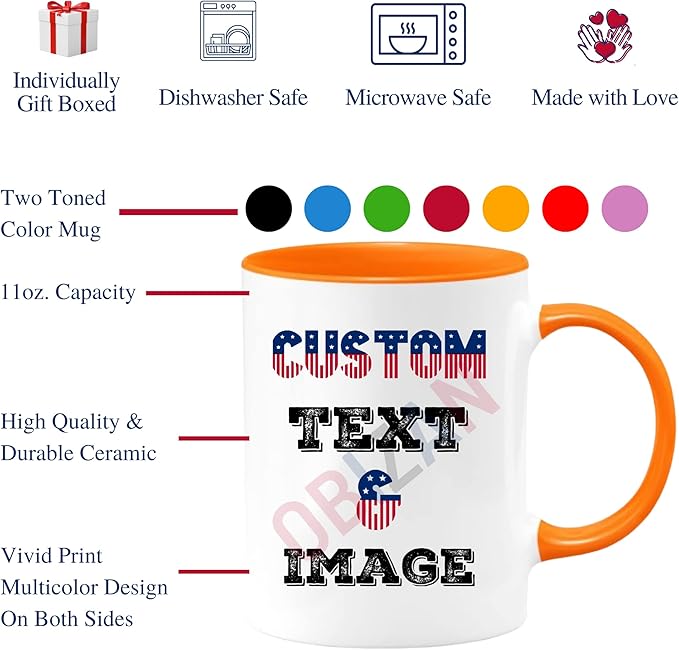 Custom Coffee Mug with Photo, Text, or Logo | Personalized Ceramic Mug 11oz | Customizable Gift for Men, Women | Unique Gift for Birthdays, Holidays, Christmas | White - Orange