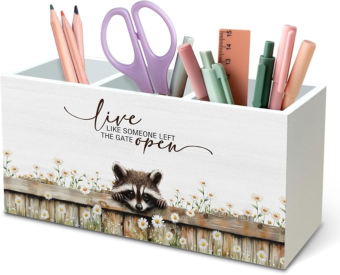 DILSJ Raccoon Inspirational Pen Pencil Holder Organizer For Desk, Raccoon Gifts, Rustic Floral Live Like Someone Left The Gate Open Wooden Box Signs For Home Office Desk Tabletop Decoration