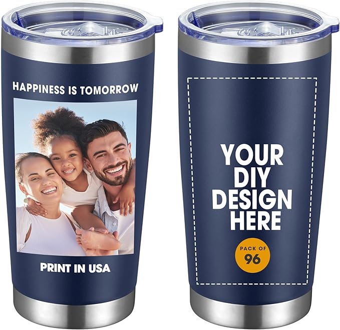 Personalized Custom Tumbler Print in USA 96 Pcs 20oz Stainless Steel Coffee Cup with Lid & Straw Double Wall Insulated Tumbler with Colorful Text Logo Photo