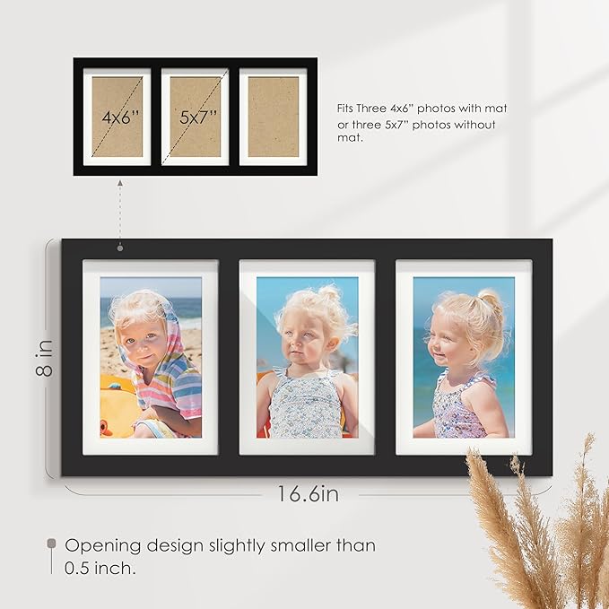 5x7 Picture Frame Collage Holds 3 Photos Made of High Definition Glass, Mat for Display 4x6 Picture Frame Collage Photo for Wall Decor Black