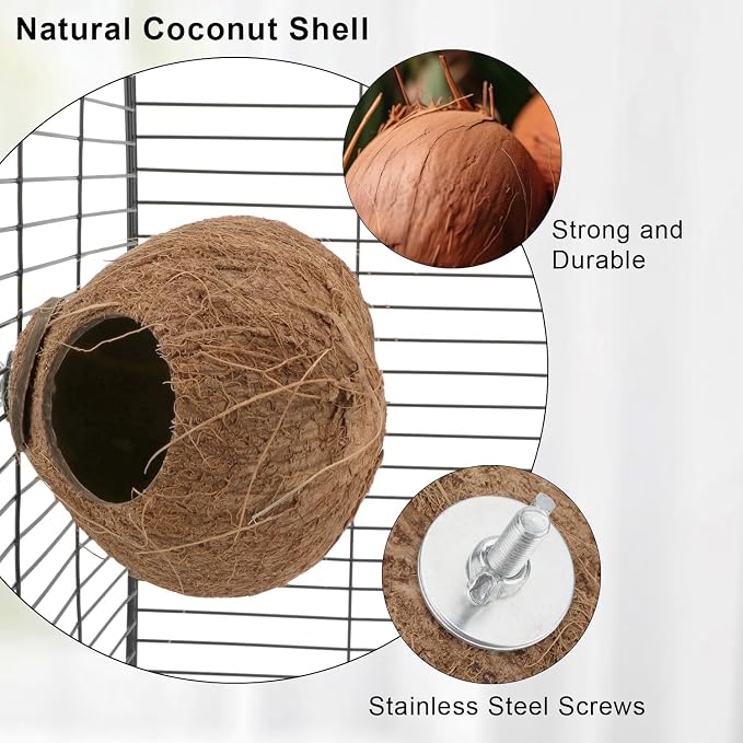 Hypeety Pet Bird Breeding Nest Natural Coconut Bird Hideout Hut for Cage | Natural coconut shell, for sleeping/breeding, easy to install, for parakeets/cockatiels/finches/hamsters, coco cage perch toy