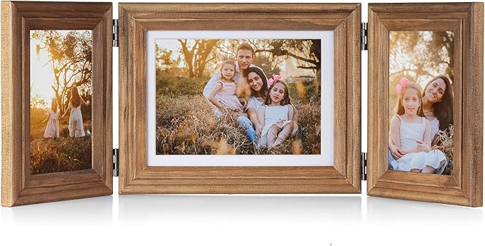 3 Vertical Horizontal Hinged Wood Picture Frame 4x6 and 5x7 Triple Folding Photo Frame Home Decor with Real Glass Front in Distressed Farmhouse Wood Grain for Tabletop, Display 4x6 with Mat or