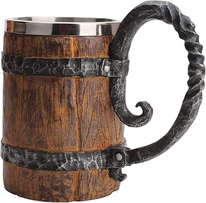 Wooden Beer Mug Beer Barrel, Large Viking Cup Wood Style Beer Mug Tankard with Handle, Antique gifts for Men Bar Restaurant Vintage Bar Accessories(18.60oz/550ml)