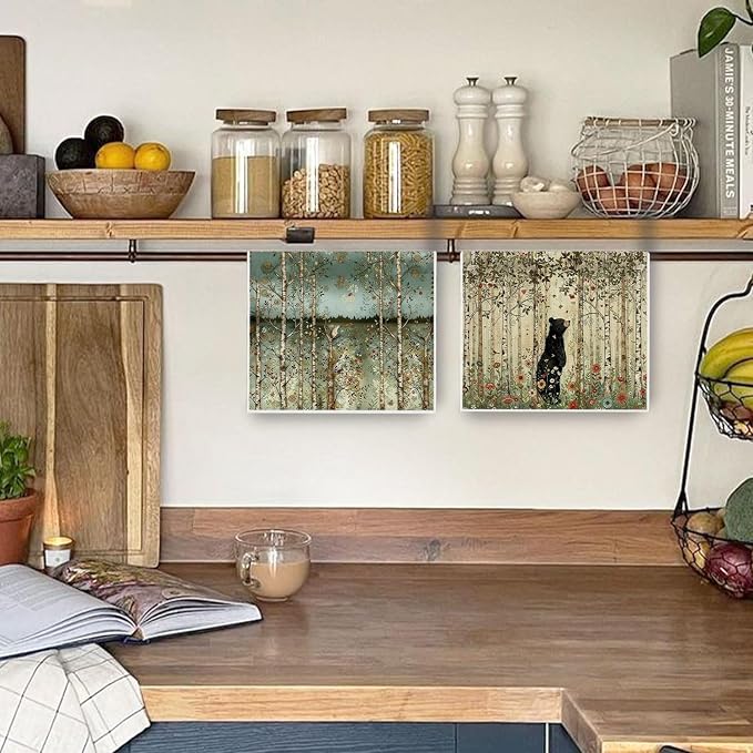 Forest Animal Kitchen Towels - Woodland Animals Decorative Waffle Dish Towels,Woodland Forest Animal Hand Towel, Rat Black Bear Tea Towel for Kitchen Decor, 16x24 Inch Set of 2
