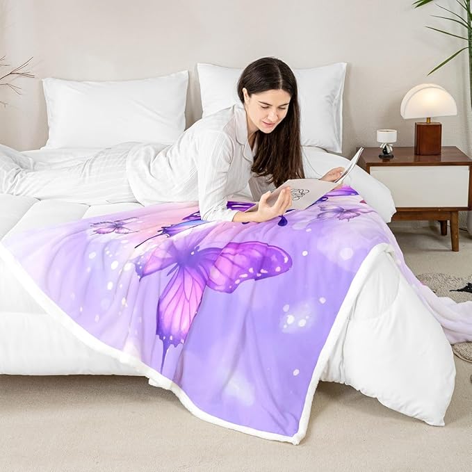 Feelyou Girls Fleece Throw Blanket Baby 30"x40" Kids Purple Butterfly Sherpa Blanket Plush Fuzzy for Bed Couch Chair Living Room, Floral Flower Bed Blanket Cute Watercolor Room Decor