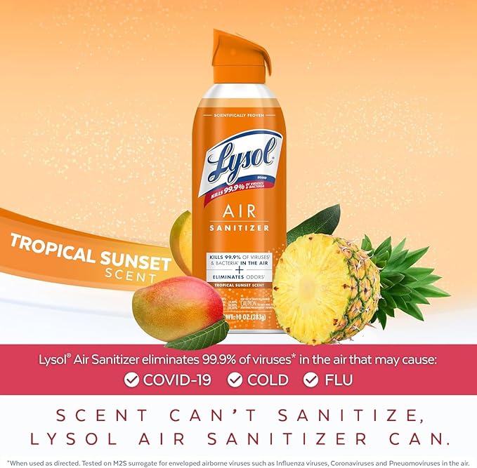 Lysol Air Sanitizer Spray with Odor Eliminator for Home & Office, Sanitizing Spray, Air Freshener Alternative, Tropical Sunset Scent, 10 oz (Pack of 3)