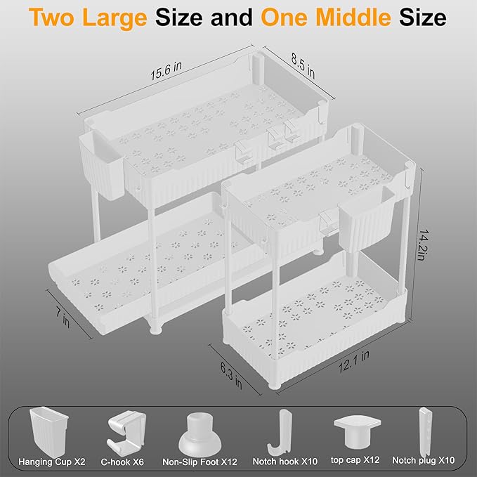 3 Pack Under Sink Organizers, 2-Tier Multi-Use Kitchen and Bathroom Organizers and Storage with Sliding Drawers, Bathroom Cabinet Organizer (White, 12.8 Inch)
