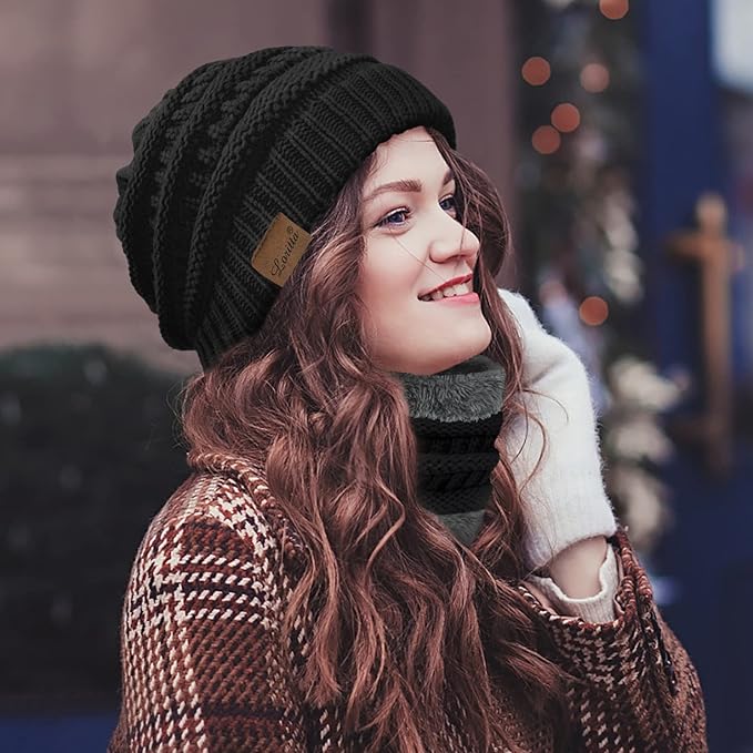 Loritta 3 Pieces Winter Hats for Women Scarf Touch Screen Gloves Set Thick Warm Fleece Lined Beanie Hat Gifts