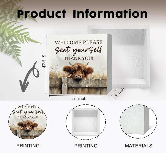 Highland Cow Bathroom Decor Sign - Farmhouse Western Animal Bathroom Decor,Rustic Farm Animal Welcome Please Seat Yourself Thank You Signs,Highland Cow Gifts for Women Signs & Plaques