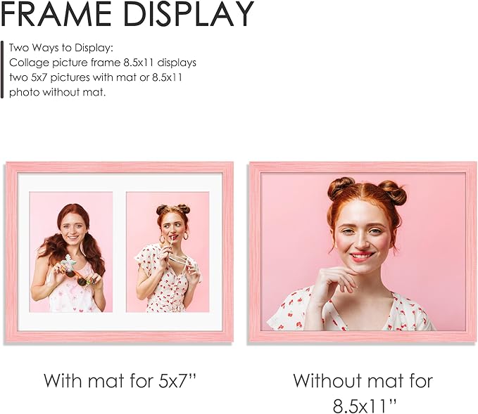 8.5x11 Double 5x7 Picture Frame Double Picture Frame Displays Two 5x7 inch Photos Available Horizontal Wall Mounting Display and Vertical Pink