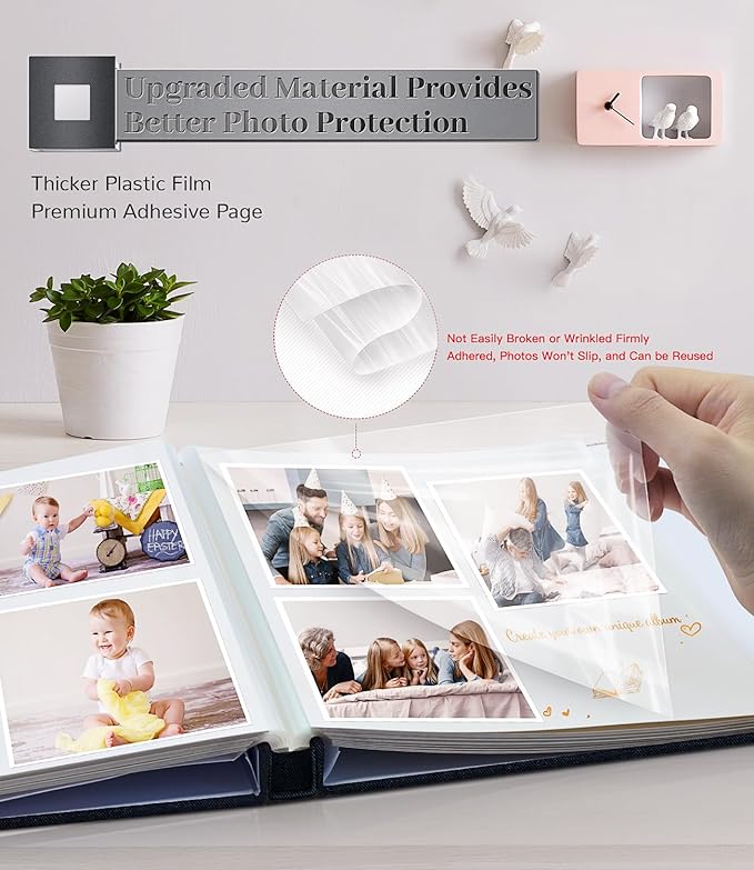 Photo Album Self Adhesive Scrapbook Album for 3x5 4x6 5x7 8x10 Pictures,120 Pages Linen Cover with Display Window DIY Photo Book,Ideal Gifts for Family Travel Wedding Baby