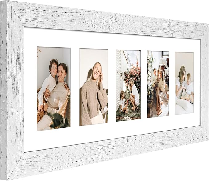 8x24 Picture Frame Display 5 opening 4X6 Picture Frame Collage,Multi Photo Frame with Mat,Plexiglass,Wall or Tabletop Decor,Distressed White Wood Grain