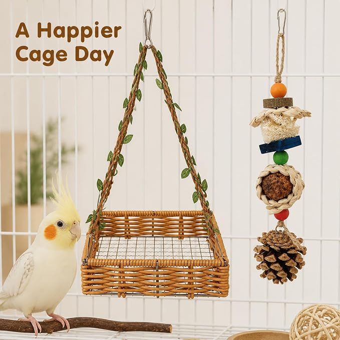 Bird Toys, Natural Parrot Chew Toy with Hanging Foraging Basket Hammock, Bird Shredding Foraging Toys for Parakeet Cockatiel Conure Cage Accessories